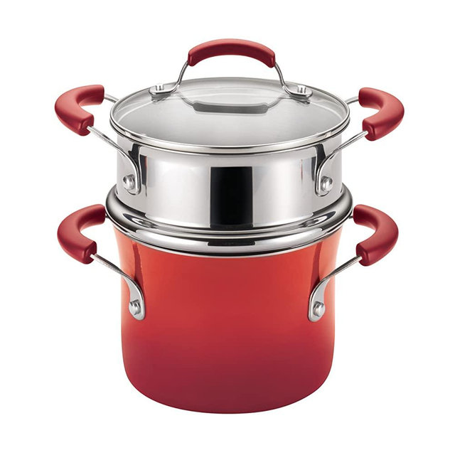 Rachael Ray 14484 Brights Sauce Pot/Saucepot with Steamer Insert, 3 Quart, Red Gradient