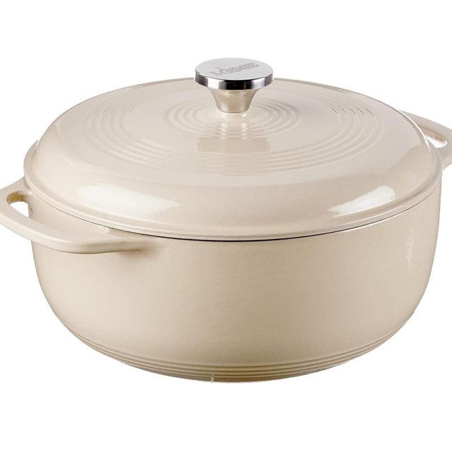 Lodge 6 Quart Enameled Cast Iron Dutch Oven with Lid – Dual Handles – Oven Safe up to 500° F or on Stovetop - Use to Marinate, Cook, Bake, Refrigerate and Serve – Sandalwood
