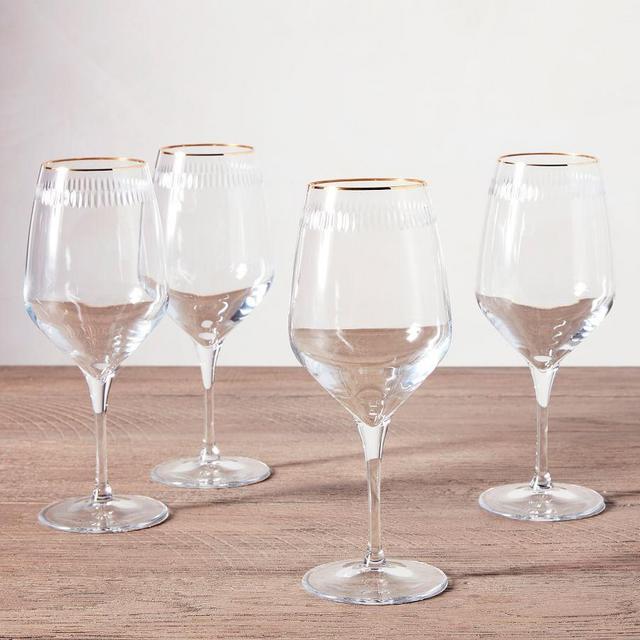 Etched Gold Rim Wine Glasses, Set of 4