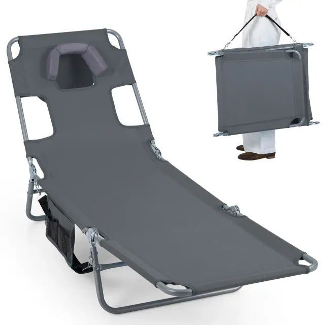 Costway Patio Tanning Chair,Folding Beach Lounge Chair with 5-Position Adjustable Backrest Gray