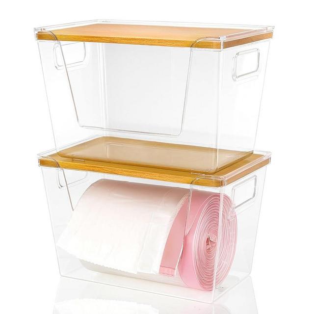 Snpwne Pantry Organizer Storage Stackable with Bamboo Top for Kitchen Laundry Room Organizers, Large Trash Bag Holder and Garbage Bag Dispenser