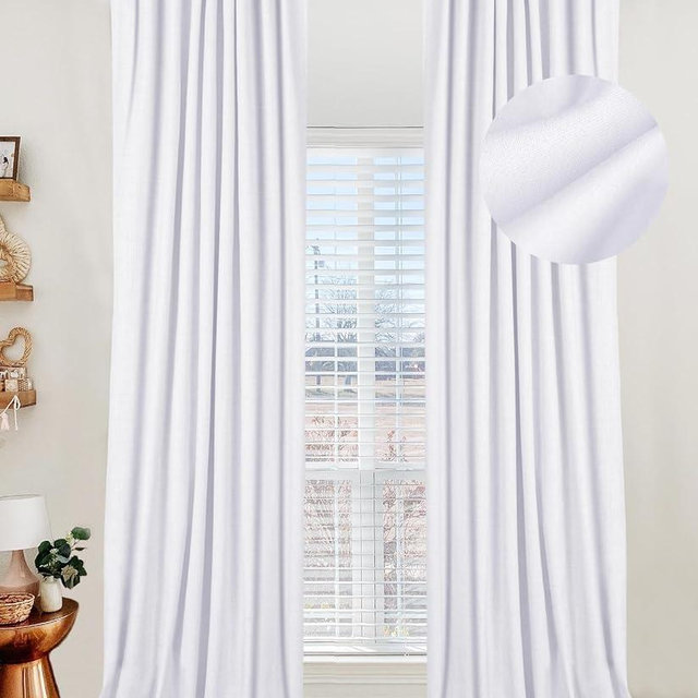 100% Blackout Shield Linen Blackout Curtains for Bedroom 90 Inches Long,Back Tab/Rod Pocket Living Room Drapes,Thermal Insulated Textured Blackout Curtains 2 Panels Set,50" W x 90" L,Bright White