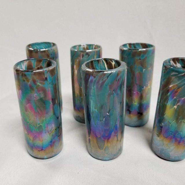 6 Hand Blown Shot Glasses - Teal and Chocolate Iridescent