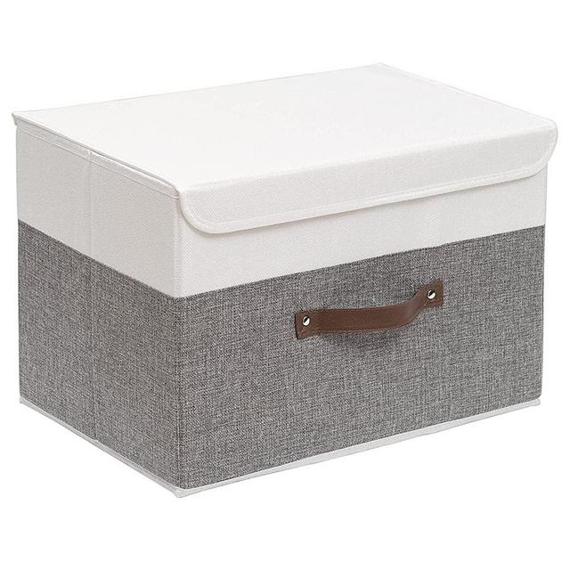 Yawinhe Collapsible Storage Boxes 1 Pack, Linen Fabric Storage Baskets Washable, with Lids and Leather Handle, for Home Bedroom Closet Office, (White/Grey, 15.0x9.8x9.8in), USNK024WGL-1
