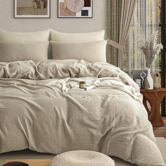 AGSIT Muslin Duvet Cover 100% Washed Cotton, King Size Duvet Cover Set Linen Like, Minimalist Soft Comforter Cover 3 Pieces, Lightweight Gauze Duvet Cover with 2 Pillowcases, 90”x104”, Beige