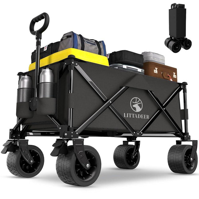Littadeer Wagons carts Foldable with Silent All-Terrain Wheels, Collapsible Heavy Duty Beach Wagon with Cup Holders and Brakes, Large Foldable Wagon for Camping,Garden,Shopping,Sports Black