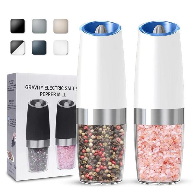 UNNEES Gravity Electric Salt and Pepper Grinder set of 2, Automatic Salt And Pepper Grinder Set, Adjustable Roughness, Battery Powered, LED Light, 2 Pack, (White)