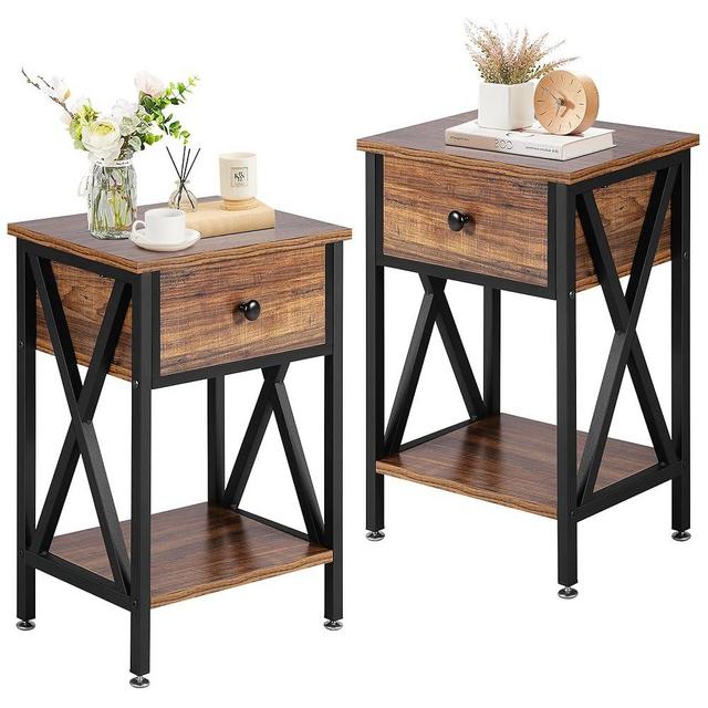VECELO End Tables, Modern Nightstand with Drawer & Shelf, Night Stand for Bedroom Living Room,Industrial Metal Frame, 11.8" D x 15.8" W x 21.7" H, Retro Brown