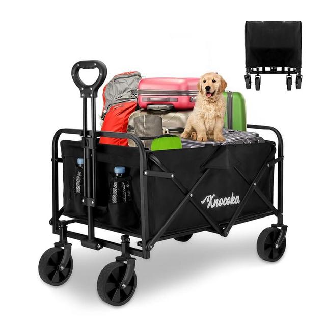 Knocoka Collapsible Folding Utility Wagon, Portable Heavy Duty Folding Wagon with 2 Drink Holders, Outdoor Collapsible Wagon for Sports, Shopping, Camping and Garden(1 Year Warranty)