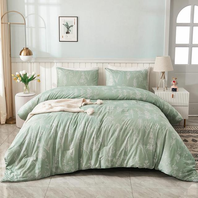 Litanika Comforters Queen Size Bed Set Sage Green, 3 Pieces Floral Lightweight Bedding Comforter Sets, Warm Winter Gift Choice Cute Flowers Botanical Soft Blanket (1 Comforter, 2 Pillowcases)