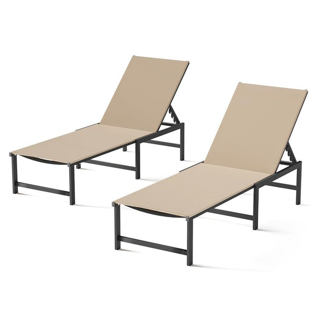 WOAJNQO Chaise Lounge Chair Outdoor,Aluminum Patio Lounge Chairs Set of 2, Adjustable 5-Position Recliner and Full Flat Tanning Chair with Pillow for Pool, Outside,Beach,Khaki