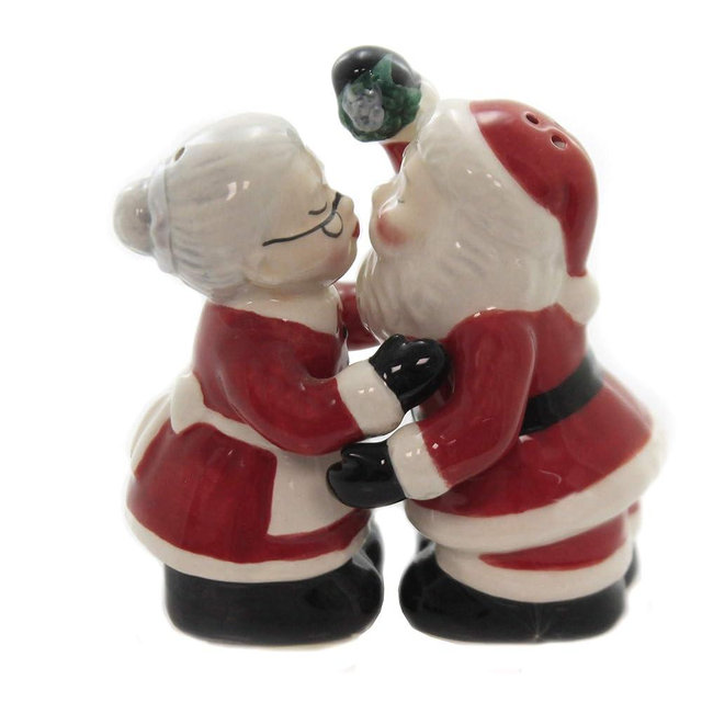 Fine Ceramic Kissing Santa & Mrs. Claus Under the Mistle Salt & Pepper Shakers Set, 3-3/8"