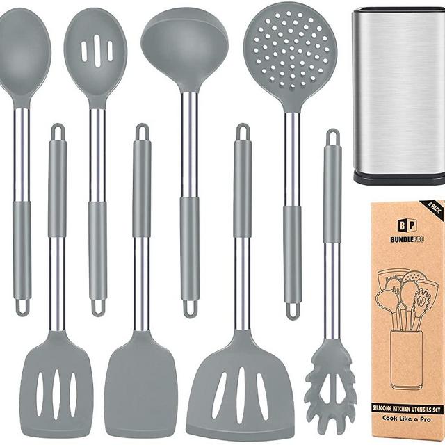 Silicone Cooking Utensil Set, 8Pcs Non-stick Cookware with Stainless Steel Handle, BPA Free Heat Resistant Kitchen Tools with Spatulas, Turnesr, Spoons, Skimer and Pasta Fork (GRAY)