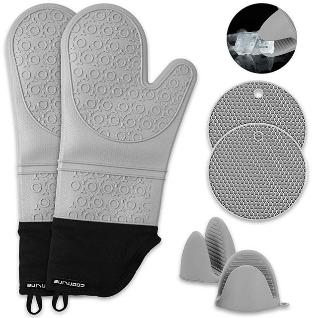 Pot Holders and Oven Mitts Sets: Extra Long Heat Resistant Silicone Oven Mitts, Mini Oven Gloves and Hot Pads Potholders for Kitchen and Cooking, Grey, Pack of 6