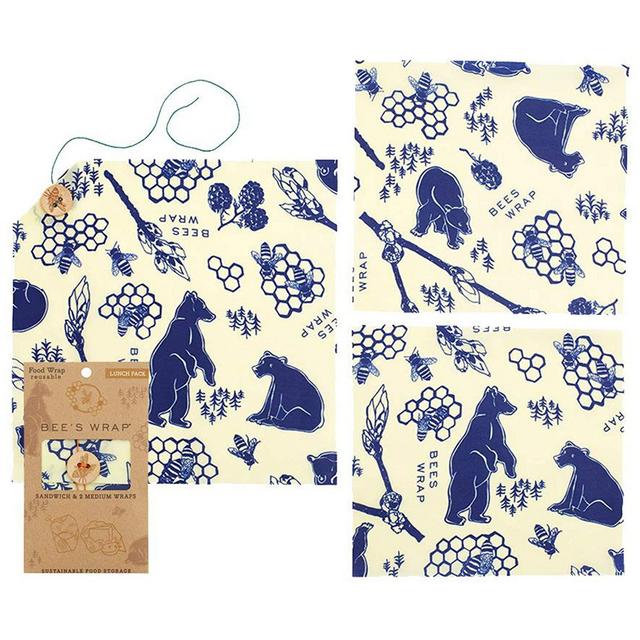 Bee's Wrap Lunch Pack, Eco Friendly Reusable Sandwich & Food Wrap Set, Sustainable Plastic Free Lunch Organizer - 1 Sandwich Wrap, 2 Medium Food Wraps in Bees + Bears Print