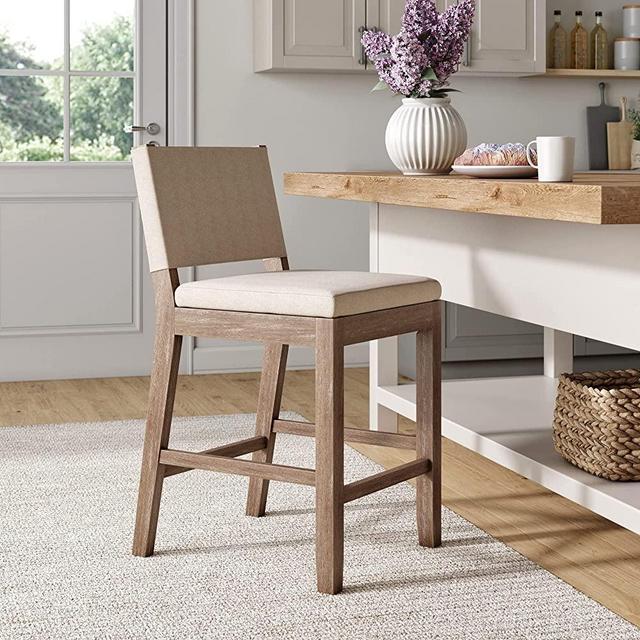 Nathan James 21501 Linus Modern Upholstered Counter Height Bar Stool with Back and Solid Rubberwood Legs in a Wire-Brushed Gray Finish, Natural Flax/Brown