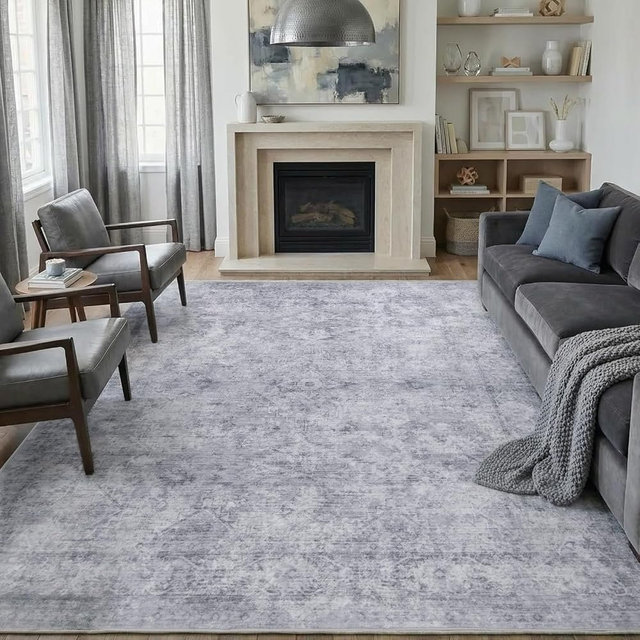 9x12 Area Rugs for Living Room, Machine Washable Rugs, Vintage Non Slip Rug, Faded Style Carpet Stain Resistant, Low Pile Boho Retro Large Rugs for Bedroom Dining Room Indoor Home Office-Gray 9'x12'