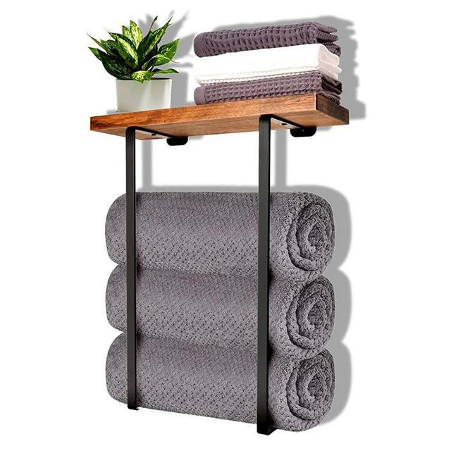 Towel Rack Wall Mounted for Bathroom, Metal Towel Holders with Wooden Shelf,Black Minimalist Design Storage Organizer for Large Towels, Small Towels, Washcloths, Hand Towels,Spa, Salon, RV