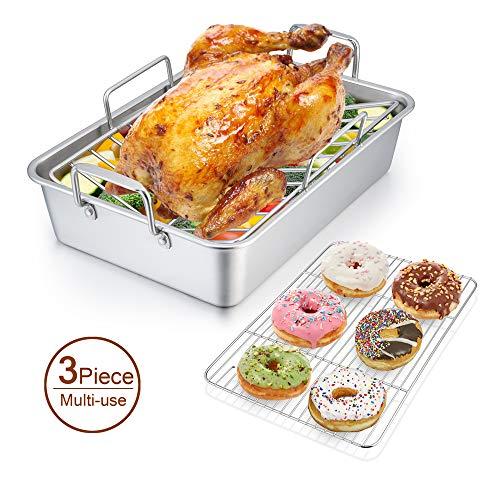 Roasting Pan with Rack, P&P CHEF 14 Inch Stainless Steel Roaster Lasagna Pan & V-shaped Rack & Roasting Rack, Non Toxic & Heavy Duty, Brushed Surface & Dishwasher Safe, Rectangular