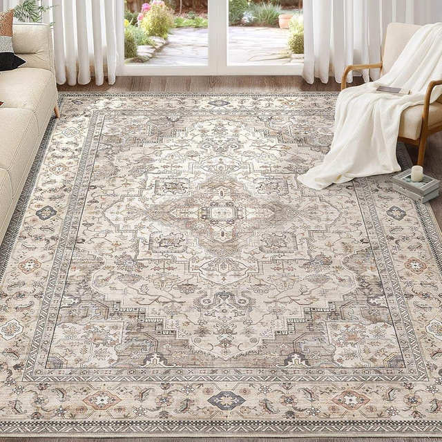 EIEIHOUSE Washable Area Rugs for Living Room - 8x10 Neutral Vintage Distressed Floral Farmhouse Boho Large Soft Floor Rug Indoor Non Slip Carpet for Living Room Bedroom Dining Room Office -Brown/Multi