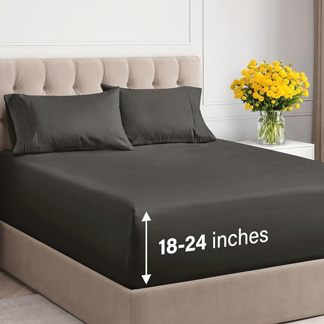 Extra Deep Pocket Queen Sheets - 4 Piece Breathable & Cooling Bed Sheets - Hotel Luxury Bed Sheet Set - Soft, Wrinkle Free & Comfy - Easily Fits Extra Deep Mattresses - Deep Pocket Charcoal Sheets Set