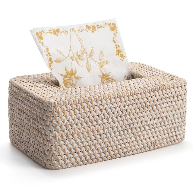 Rattan Tissue Box Cover, Rectangular Wicker Tissue Box Holder, Decorative Woven Facial Tissue Holder for Bathroom, Kitchen, Living Room, Bedroom (Whitewash)