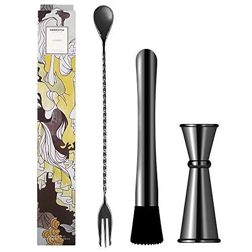 Homestia Muddler and Mixing Spoon Set of 3 Bar Tool Stainless Steel with Double Jigger Gift Set, Black