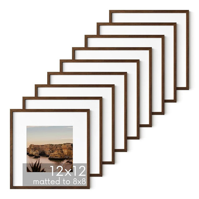 HAUS AND HUES Walnut Oak Wood 12x12 Picture Frames - Set of 9, Square Frames with Mat, Modern Frames for Posters and Photos (12x12 in, Walnut, Set of 9)