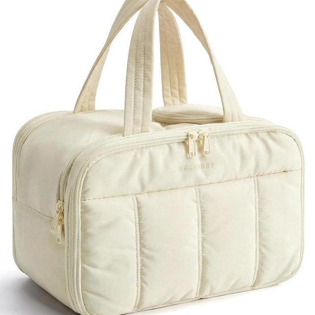 BAGSMART Travel Toiletry Bag, Puffy Large Toiletry Bag for Women, Lightweight Cosmetic Makeup Bag Organizer with Handle for Traveling, Accessories, Essentials, Toiletries （Beige