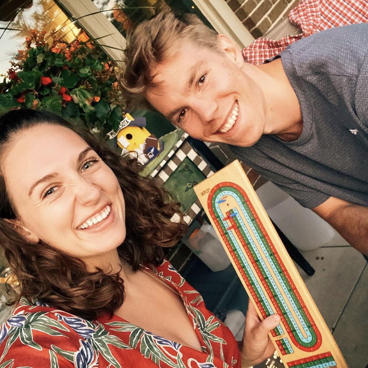 July 28, 2020. Will and Genna started playing cribbage, and now play a game most weekends at the local brewery. Here, Will beat Genna in his first game by two points!
