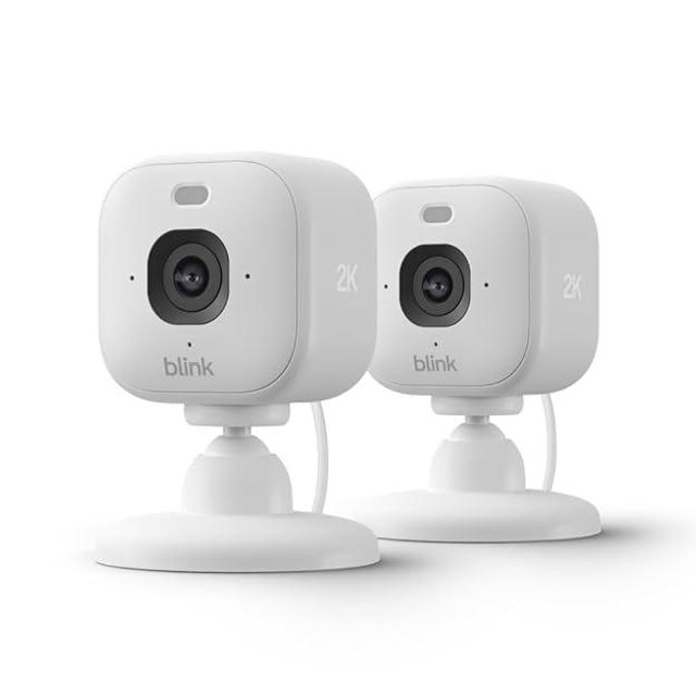 Blink Mini 2K+ (newest model) – Plug-in Home & Pet Security Camera with 2K video resolution, color night vision, enhanced audio, motion detection – 2 cameras (White)