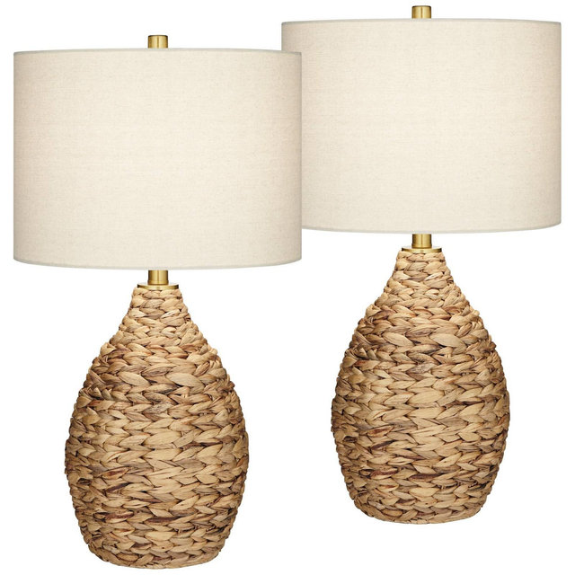 360 Lighting Corona 25 1/2" High Coastal Modern Table Lamps Set of 2 Woven Reed Off-White Shade Living Room Bedroom Bedside