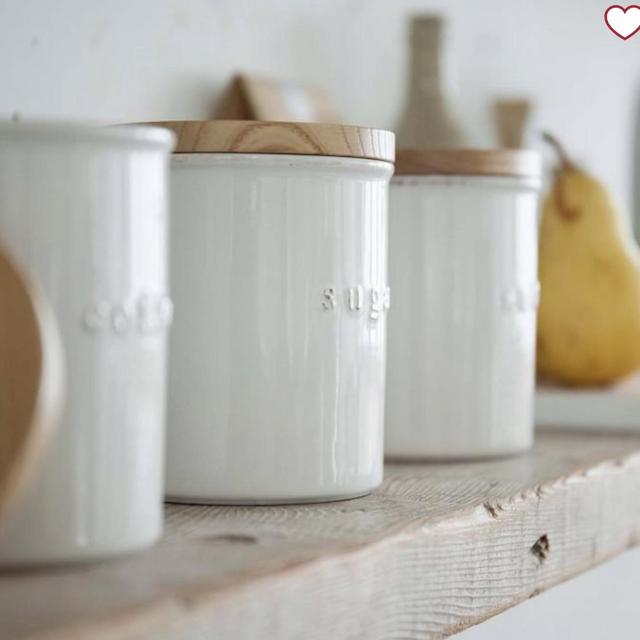 Set of 4 Stoneware Canisters with Wood Lid