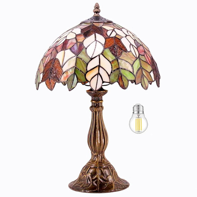 WERFACTORY Tiffany Table Lamp Stained Glass Style Maple Leaf Bedside Lamp Desk Reading Light 12X12X18 Inches Decor Bedroom Living Room Home Office S804 Series
