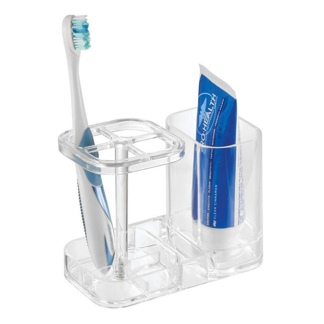 InterDesign Med+ BPA-Free Plastic Divided Toothbrush Holder - 5.6" x 3.25" x 4.55", Clear, Small