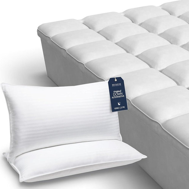 Beckham Hotel Collection King Size Down Alternative Pillows, Set of 2 and King Size Hybrid Mattress Protector & Pad