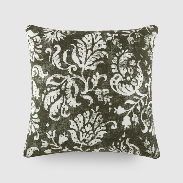 Distressed Floral Pattern Gray Cotton Throw Pillow Cover With Pillow Insert Set - Becky Cameron, Distressed Floral Olive, 20 x 20