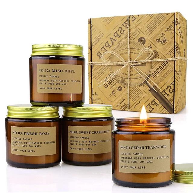 4 Pack Scented Candle Set Soy Wax Candles, Aromatherapy Candles for Home Decoration, Gift for Women with Amber Glass Jars and Kraft Wrapping
