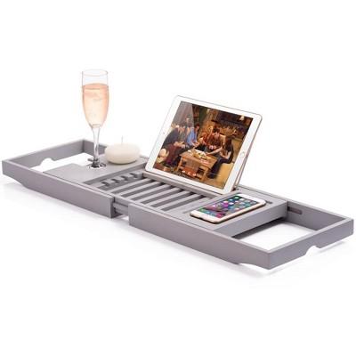 Bambusi Bathtub Caddy with Extendable Sides, Wine Glass Holder, Book Stand and Phone Tray, Gray