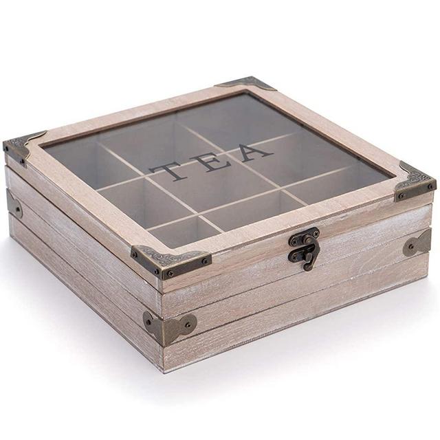 Wooden Tea Box Organizer Wood Tea Storage Box Chest Rustic Tea Bag Holder Rack Storage Container Tea Caddy for Coffee Tea Sugar Sweeteners Creamers Drink Pods Packets (Gray)