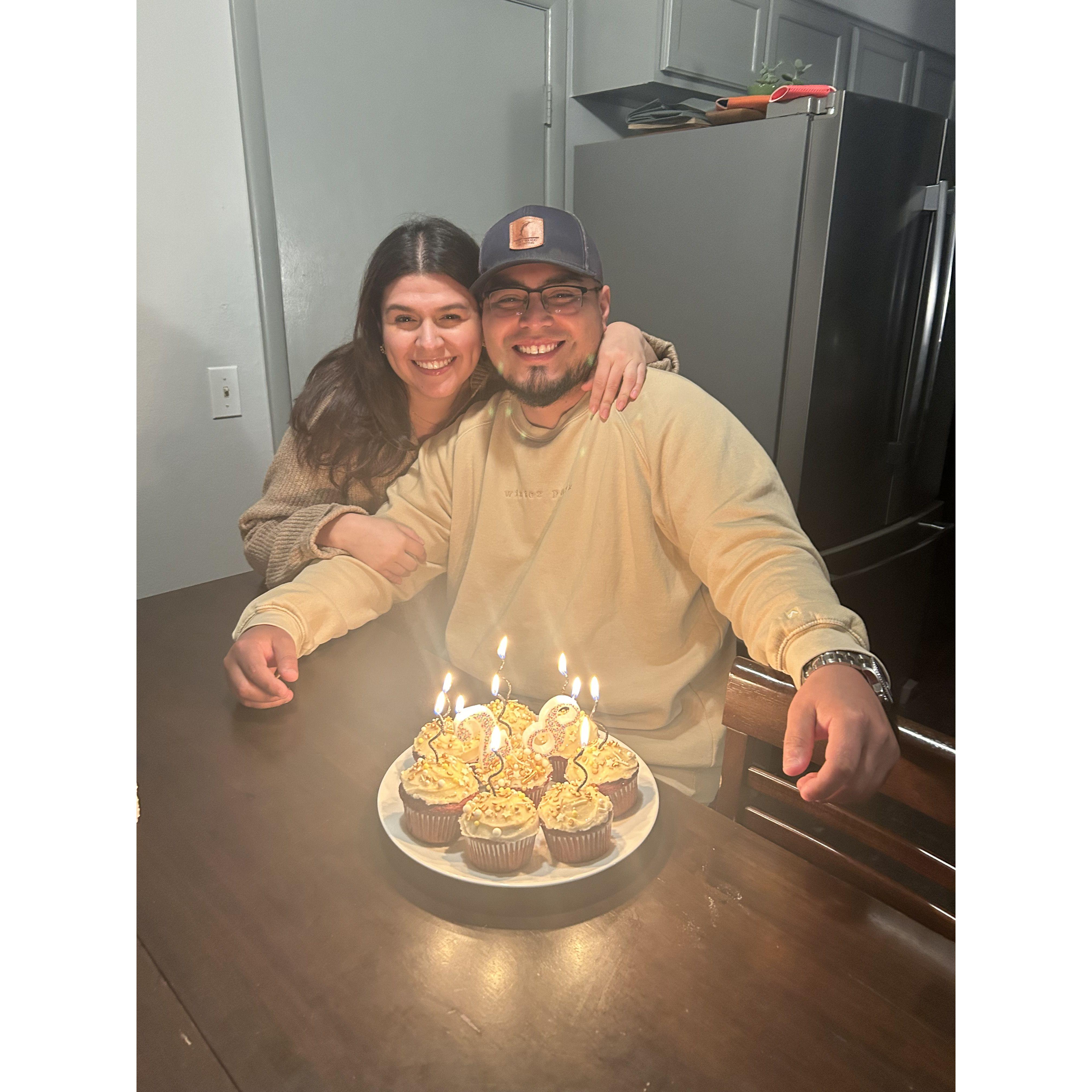 Celebrating David's 28th Birthday with red velvet cupcakes!