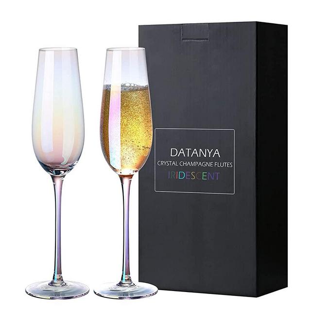Champagne Flutes Iridescent Luster Champagne Glasses 8 Ounce Crystal Hand Blown Lead-Free Long Stem Sparkling Wine Glasses, Elegant Gift Box for Christmas, Wedding Celebration, Birthday Gifts-Set of 2