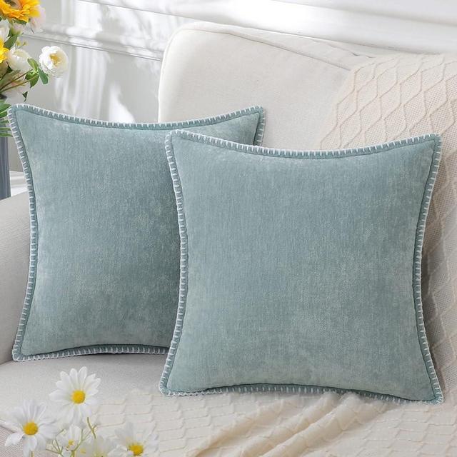 decorUhome Chenille Soft Throw Pillow Covers 20x20 Set of 2, Farmhouse Velvet Pillow Covers, Decorative Square Pillow Covers with Stitched Edge for Couch Sofa Bed, Aqua Haze