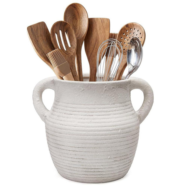 CWFutwell Rustic Utensil Holder for Kitchen Counter - Large Ceramic Farmhouse Cooking Utensil Crock & Organizer for Spatula, Spoon - Vintage Kitchen Decor (Ivory)