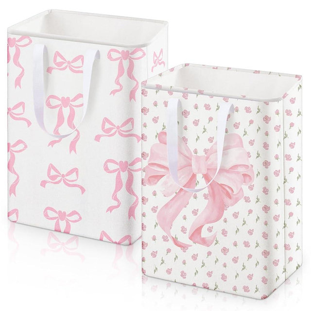 Reallnaive 2 Pack Pink Bow Large Laundry Baskets, Bow Laundry Hamper with Handle, Pink Waterproof Canvas Fabric Lightweight Storage Basket, Bathroom Decor, Collapsible Clothes Hamper in Room