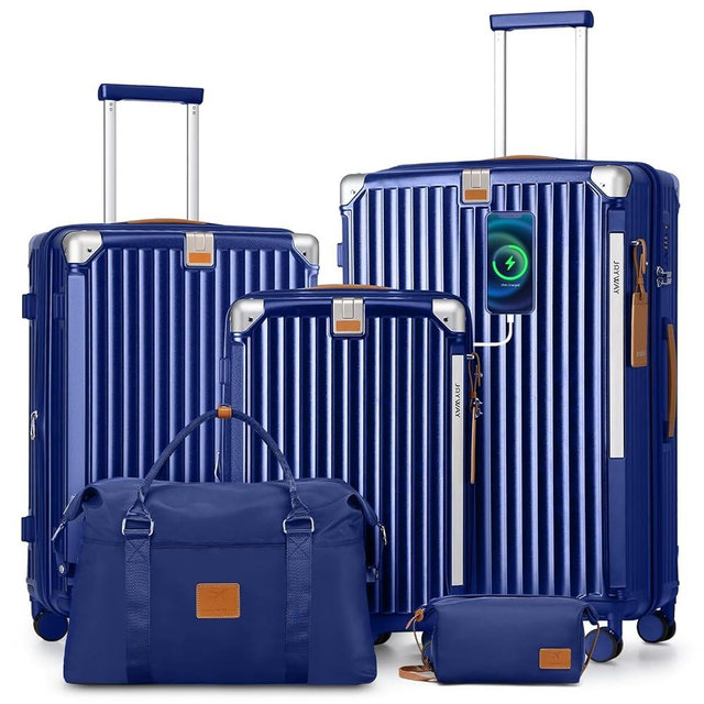 Joyway 5 Piece Luggage Set with Cup Holder, Expandable 25% Capacity, Includes Handbag, Anti Slip Wheels, Hook, Smart Carry On Suitcase for Men and Women, Spinner Travel Blue