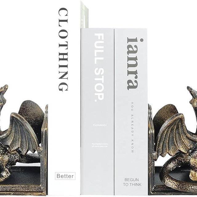 Book Ends - Decorative Book Stopper - Shelves Bookend Support Holder, Unique Dragon Design, Heavy Duty Set 2