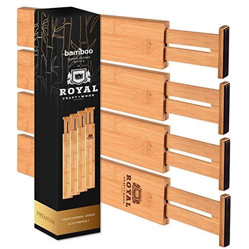 ROYAL CRAFT WOOD Adjustable Bamboo Drawer Dividers Organizers - Expandable Drawer Organization Separators for Kitchen, Dresser, Bedroom, Bathroom and Office, 4-Pack, 13.25-17.25 in