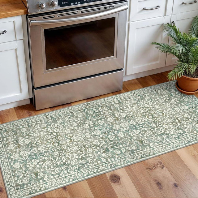 SILOLOOM Vintage Washable 2x5 Rug Runner, Sage Green Beige Runners for hallways, Super Soft Kitchen Runner Rug Non Slip, Print Faux Wool Floral Thin Carpet Runner for Entryway Indoor Bedroom