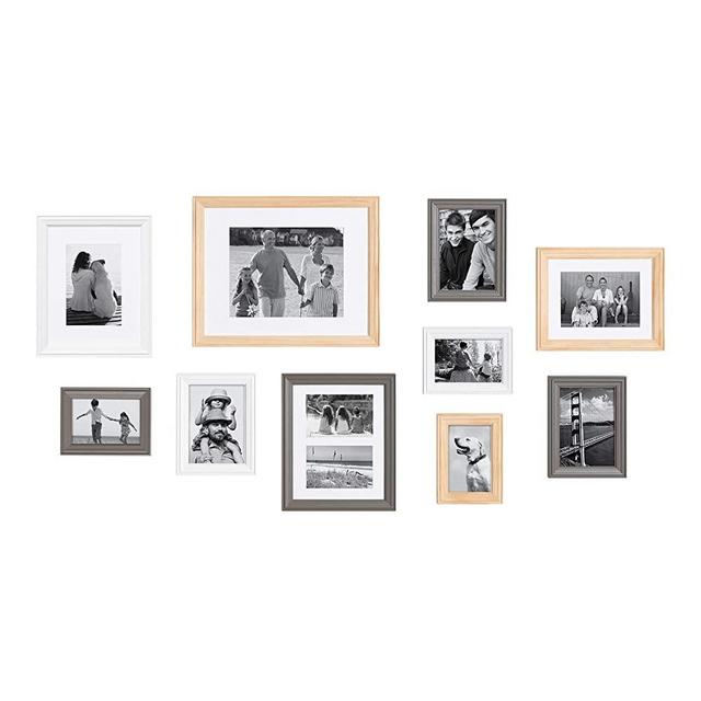 Kate and Laurel Bordeaux Gallery Wall Wood Picture Frame Set, 10 Piece, Natural/White/Gray